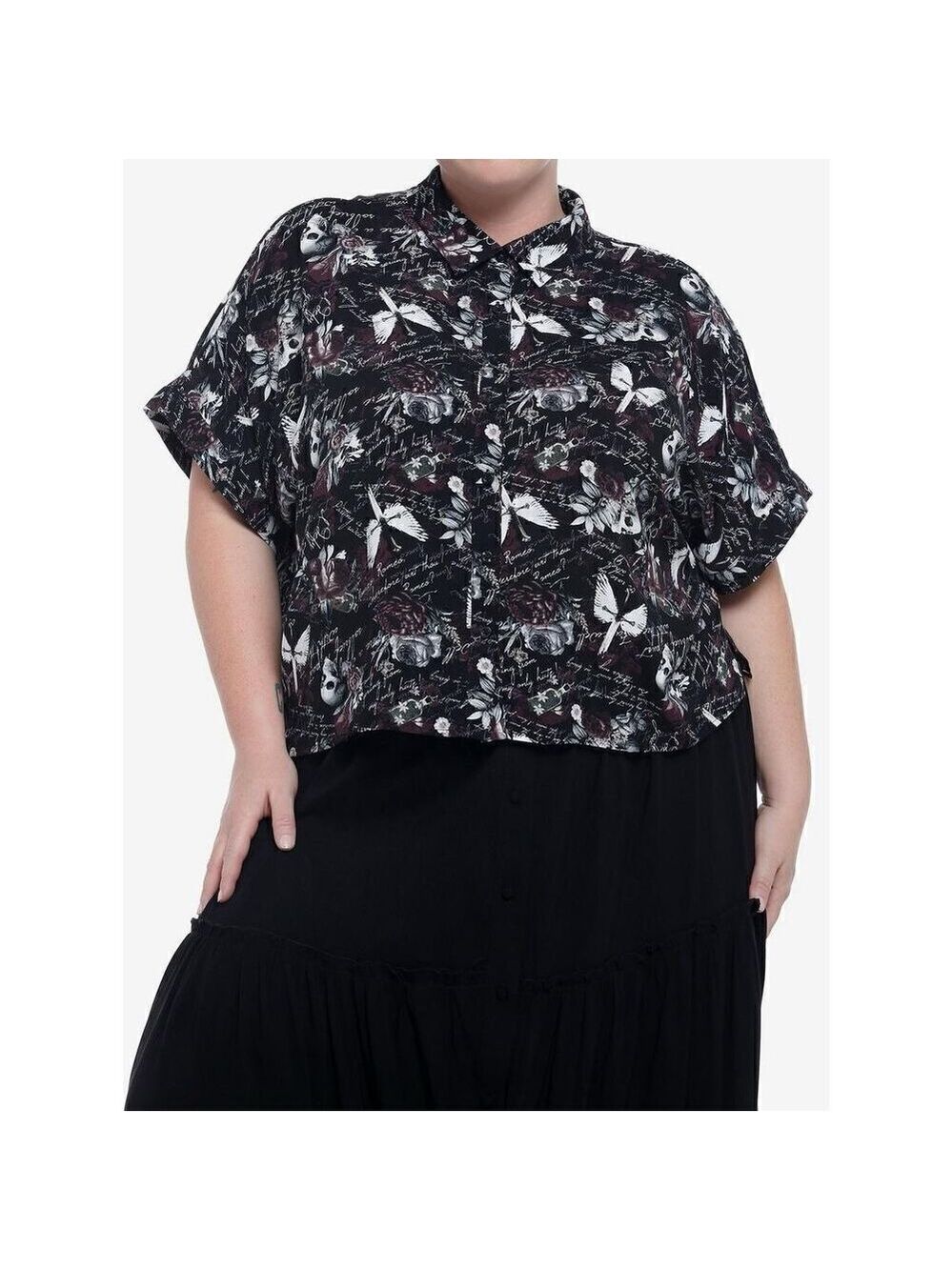 Dark Romance Script Boxy Girls Crop Woven Button-Up Plus Size 1